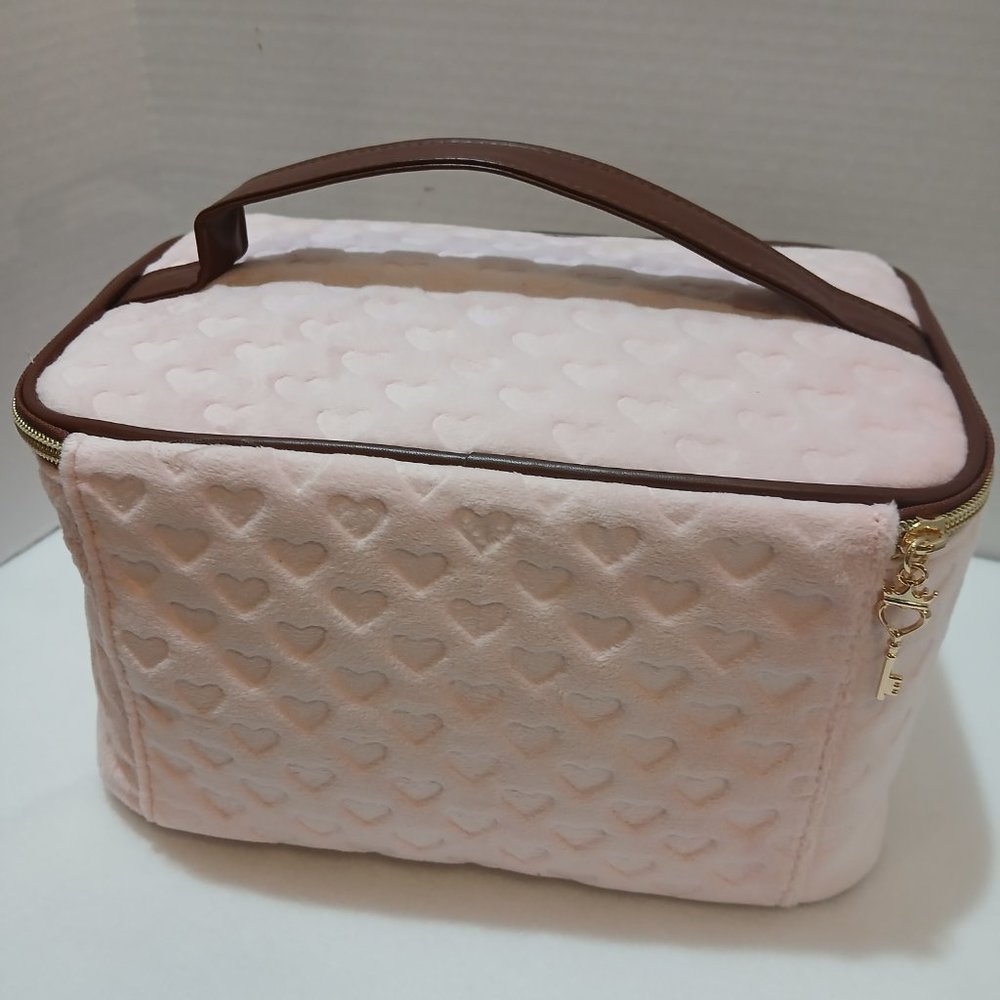 Juicy Couture Women's Cosmetics Train Case- Pink Velour with Embossed Hearts - Picture 8 of 13